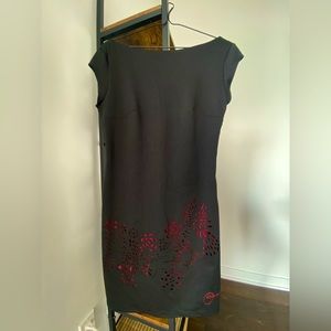 Desigual little black dress, laser cut red floral, knee length, scoop neck,Large